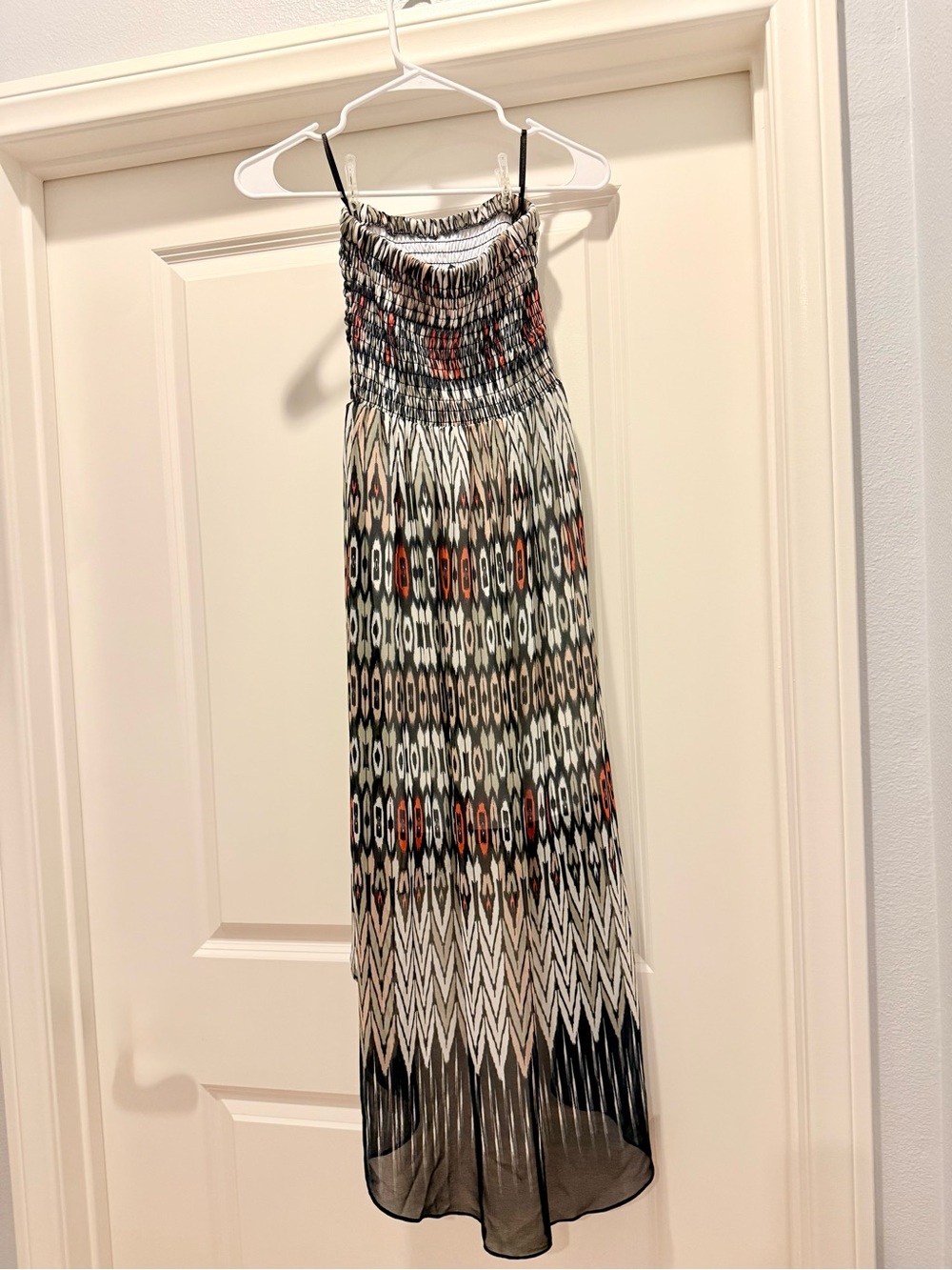 bebe Multi-Color Smocked Maxi Dress with Subtle Coral Accents